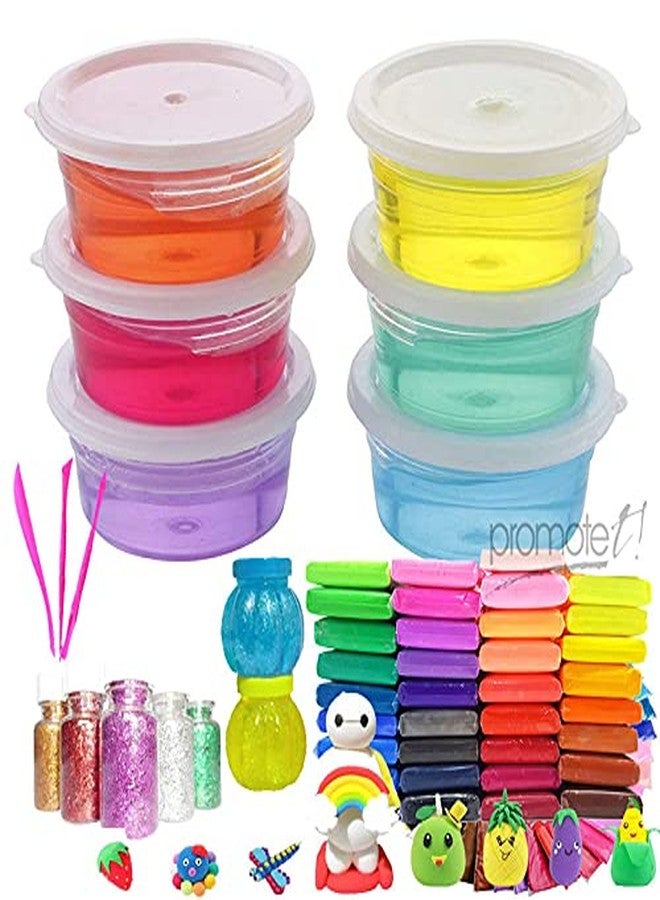 Promote Trader 6 Crystal Slime,2 Slime Pot & 24 Air Dry Clay Combo with Free Glitter & Modelling Tools for Kids Boys & Girls Mud Stress Relief Toy Clay for Kids to Play - Image 1